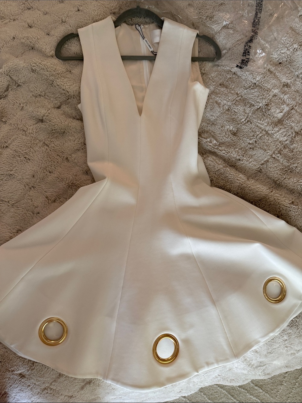 White V-Neck Mini Dress with Flared Skirt gold rings